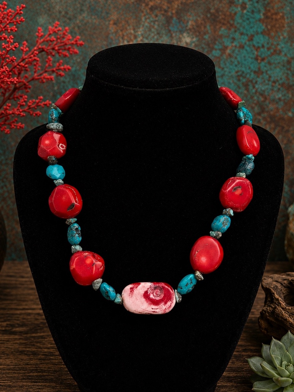 Red Bamboo Coral & Turquoise Necklace Sterling Silver Toggle Clasp